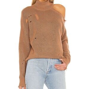 Revolve Lovers + Friends Camel Arlington One Shoulder Distressed Sweater Medium